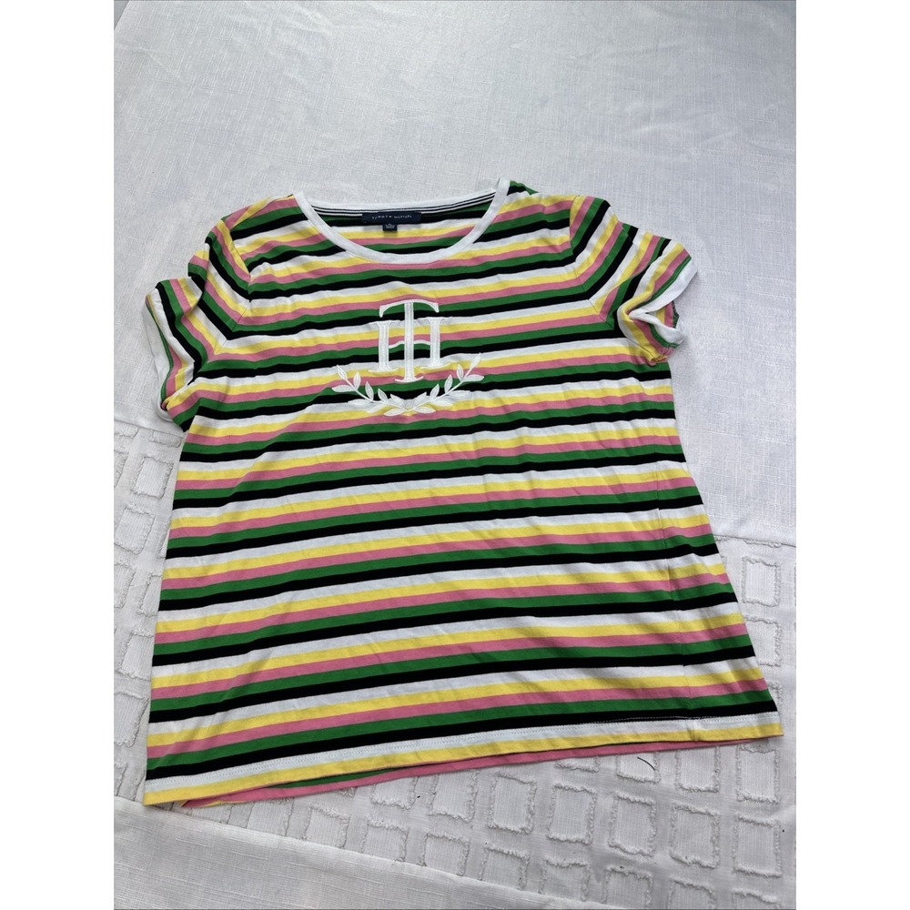 Tommy Hilfiger Womens XL Striped T-Shirt Multi Color Embroidered Crest Logo Tee